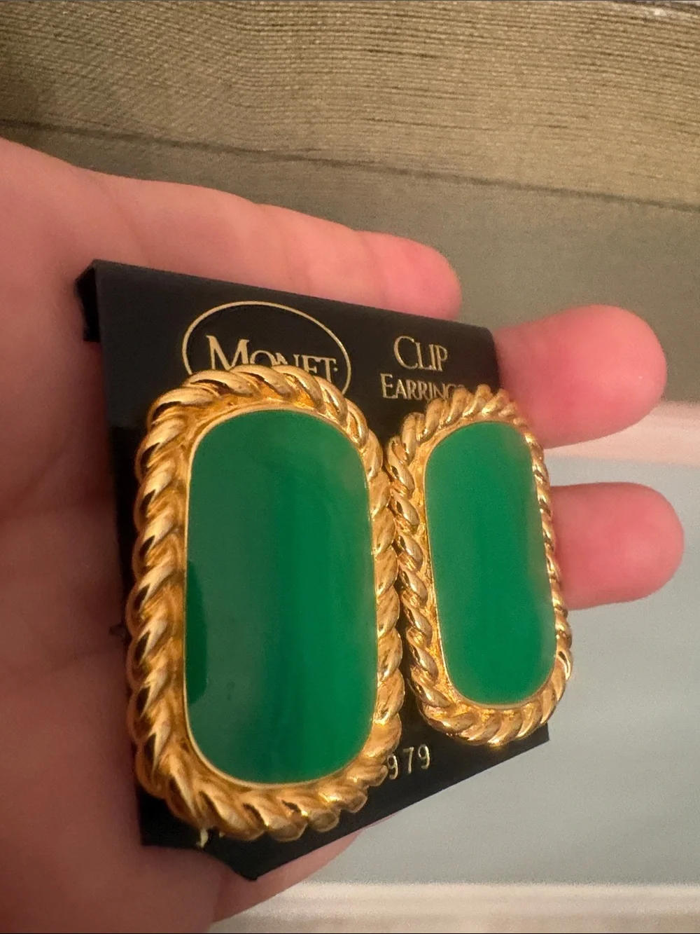 Deadstock Mint Monet Gold-Tone Clip Earrings with Green Enamel Centers